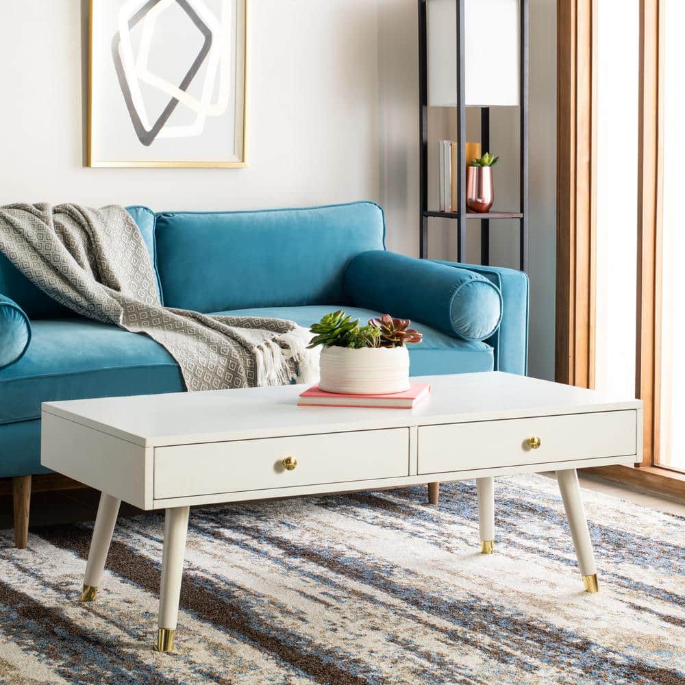 Transitional Gold & White Rectangular Coffee Table with Storage