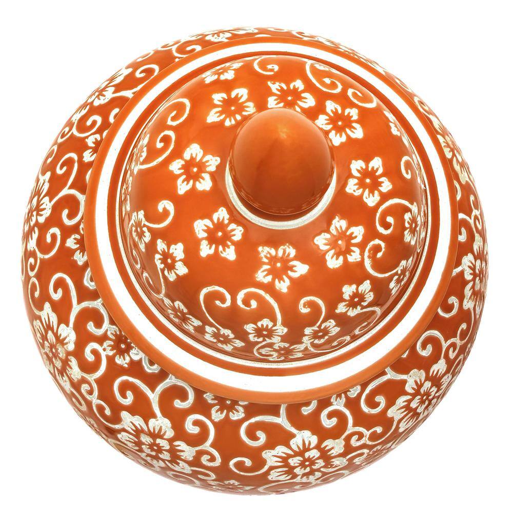 18" Orange and White Floral Porcelain Temple Jar
