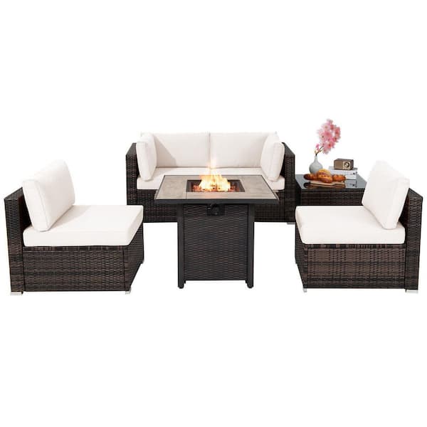 HONEY JOY 6-Pieces Wicker Patio Conversation Set With 30 in. Gas Fire Pit Table 50,000 BTU White Cushions