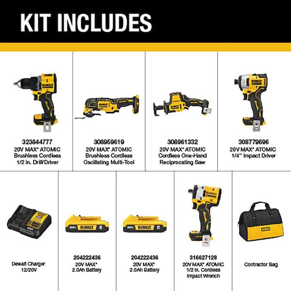 ATOMIC 20V Lithium-Ion Cordless Brushless Combo Kit 4-Tool and 1/2 in. Impact Wrench with (2) 2Ah Batteries and Charger