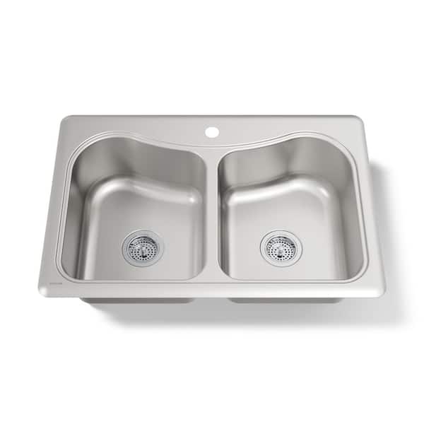 Staccato Drop-In Stainless Steel 33 in. 1-Hole Double Bowl Kitchen Sink with Hardwood Cutting Board