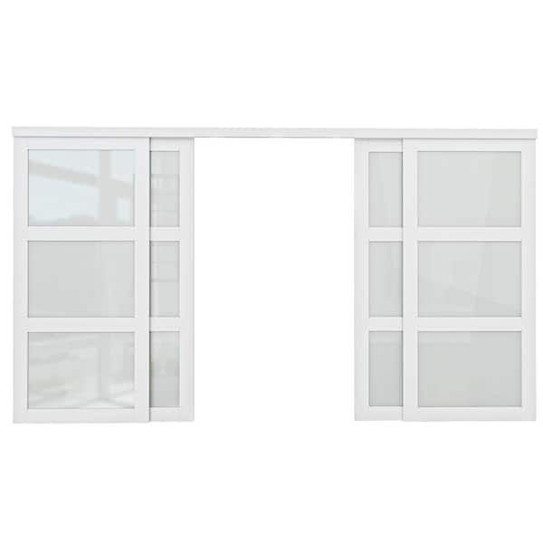 ARK DESIGN 144 in. x 80 in. 3-Lite White Tempered Frosted Glass MDF Closet Sliding Door with Hardware Kit