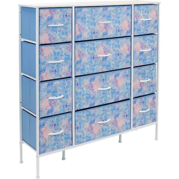 11.75 in. L x 46.5 in. W x 48.7 in. H 12-Drawer Tie Dye Blue Dresser Steel Frame Wood Top Easy Pull Fabric Bins