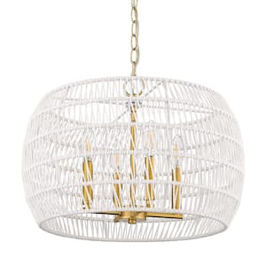 Ellie 4-Light Modern Brushed Gold and Bleached White Raphia Rope Chandelier for Living Room with No Bulbs Included