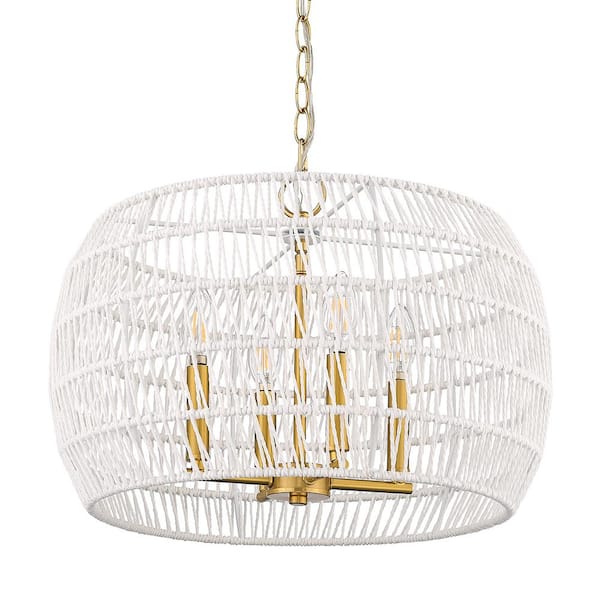 Golden Lighting Ellie 4-Light Modern Brushed Gold and Bleached White Raphia Rope Chandelier for Living Room with No Bulbs Included