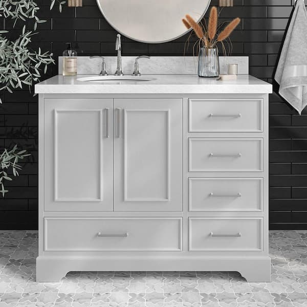 ARIEL Stafford 43 in. W x 22 in. D x 36 in. H Left Single Sink Freestanding Bath Vanity in Grey with Carrara White Marble Top