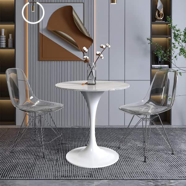 Leisuremod Verve Modern Dining Table with a 27 Round Sintered Stone Tabletop and White Stainless Steel Pedestal Base, White