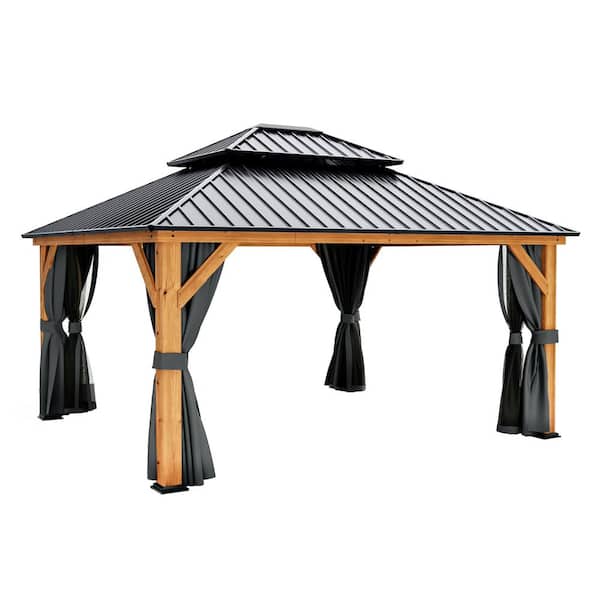 ChillPavilion 13 ft. x 15 ft. Double Roof Hardtop Wooden Outdoor Gazebo with Netting and Gray Curtains