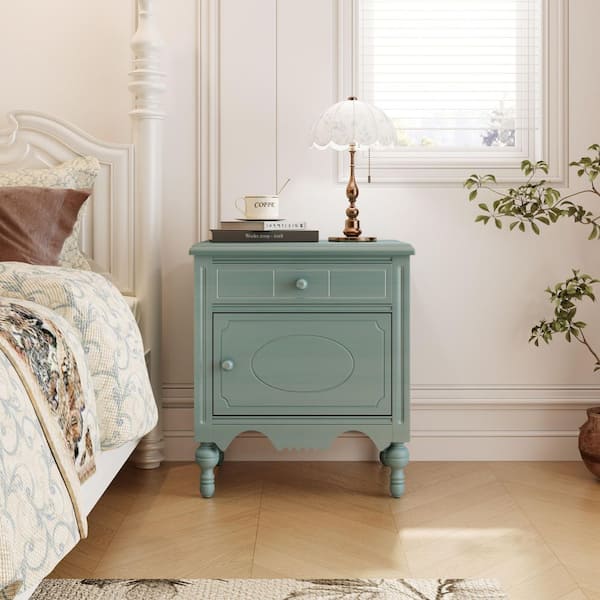 Dalmora Rustic Vintage Aged Blue Bedside Table Nightstand with Pattern Carved Drawer and Cabinet, Gourd Legs