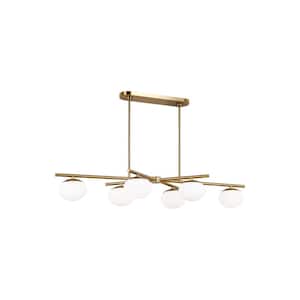 Lune Large Linear 6-Light Burnished Brass Chandelier with White Milk Glass Shades