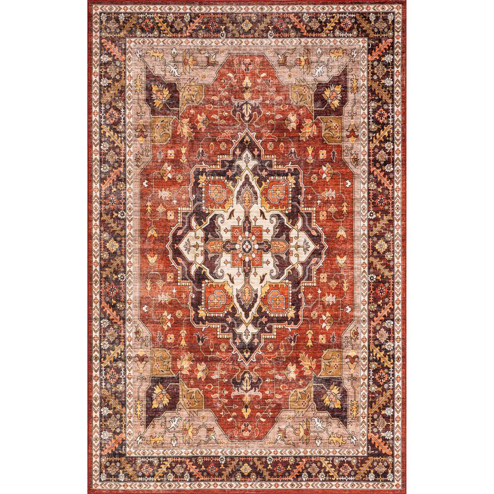 Hera Red and Ivory Medallion Washable Synthetic Area Rug 3' x 5'