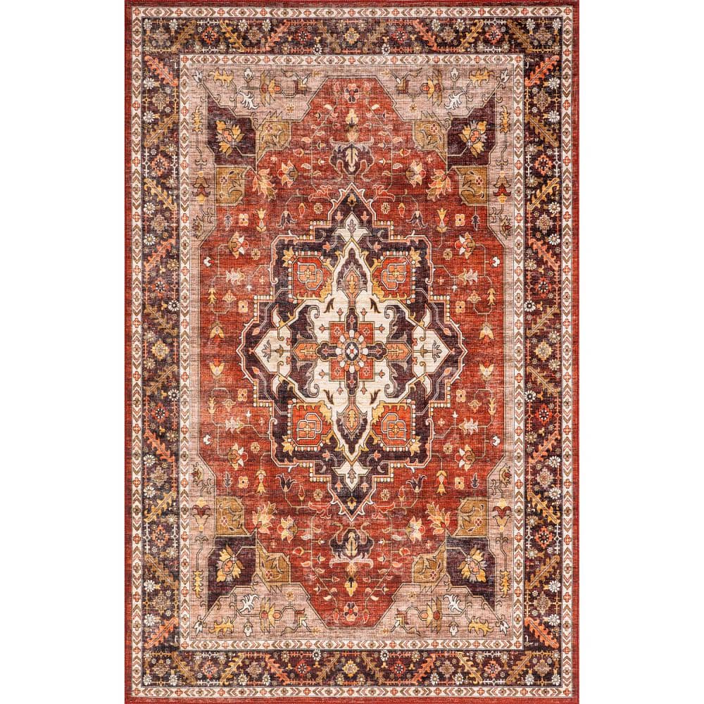 Hera Red Medallion Washable Synthetic Area Rug 4' x 6'