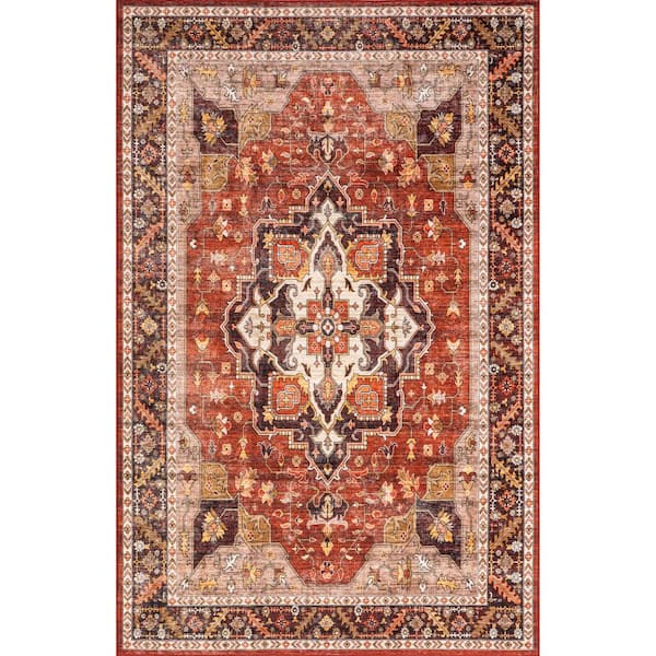 nuLOOM Hera Medallion Spill-Proof Machine Washable Red 4 ft. x 6 ft. Area Rug