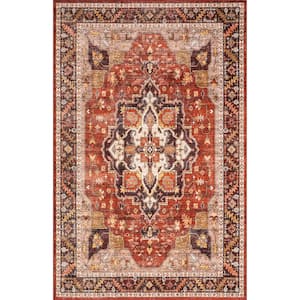 Hera Medallion Spill-Proof Machine Washable Red 8 ft. x 10 ft. Vintage Area Rug