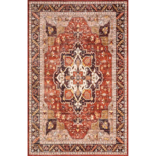 nuLOOM Hera Medallion Spill-Proof Machine Washable Red 8 ft. x 10 ft. Vintage Area Rug