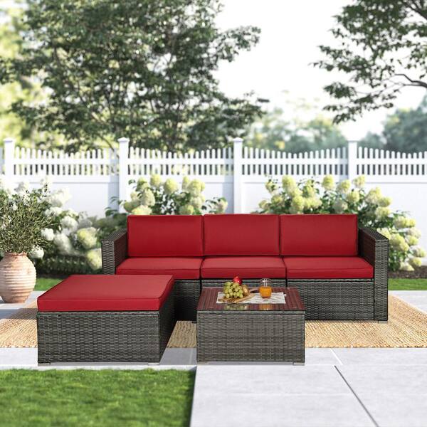 Tunearary 5-Piece Rattan Garden Conversation Set with Red Cushions