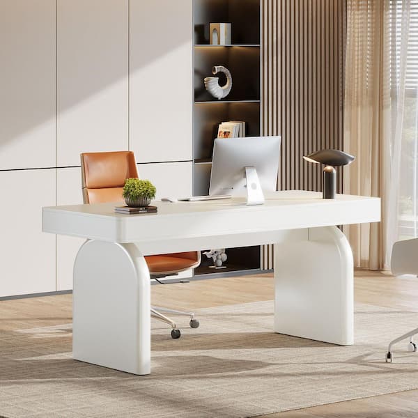 BYBLIGHT 63 in. Rectangular White Wood 2-Drawer Executive Desk