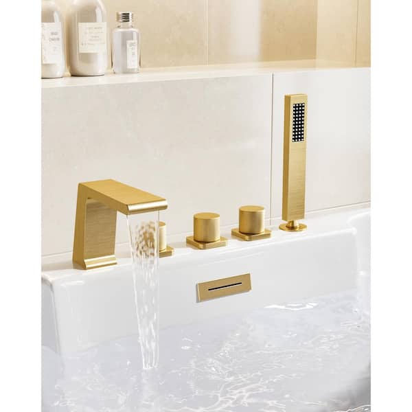 YAWWALK 3-Handles Deck-Mount Roman Tub Faucet with Hand Shower in Brushed Gold (Valve Included)