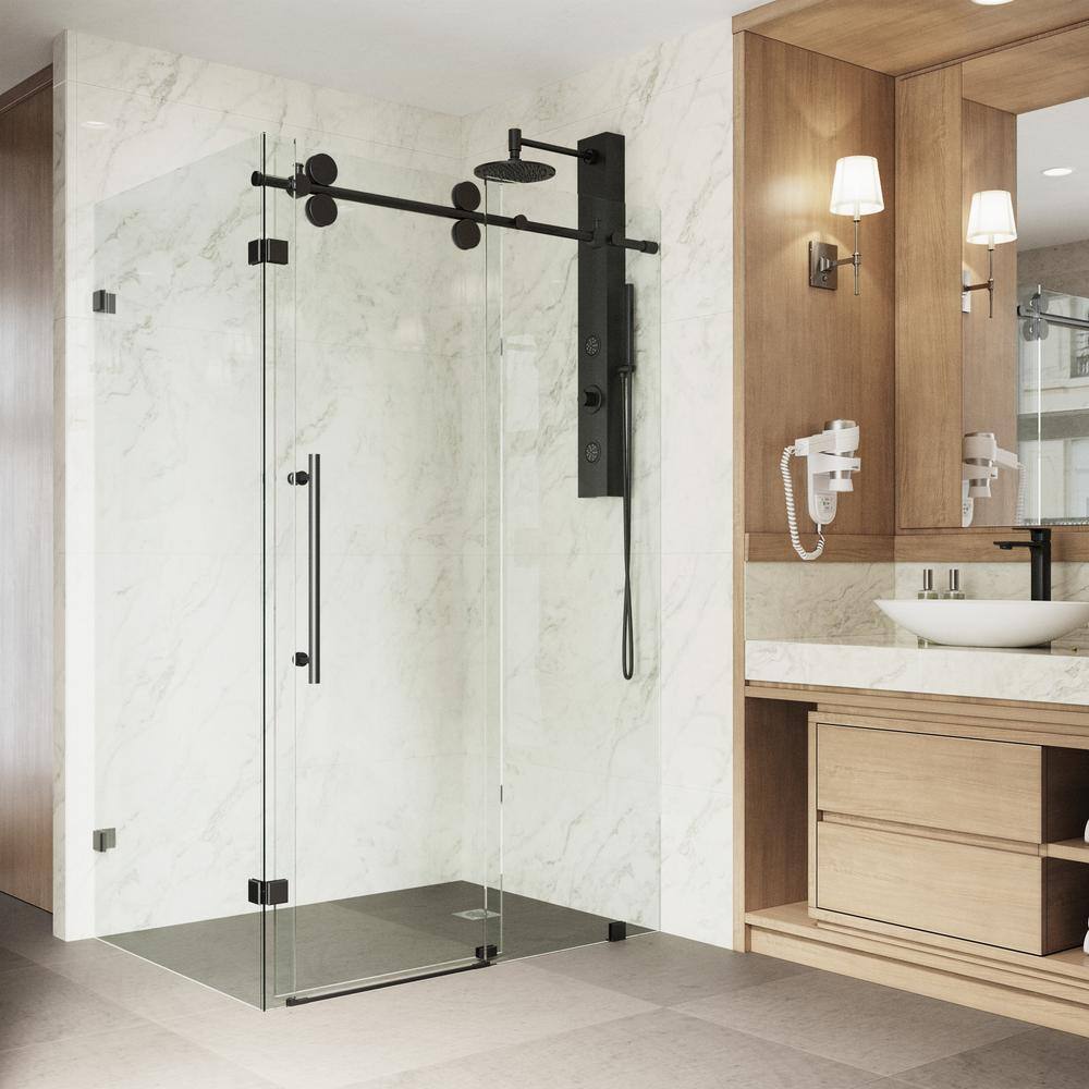 Winslow 46" Matte Black Frameless Sliding Shower Enclosure with Clear Glass