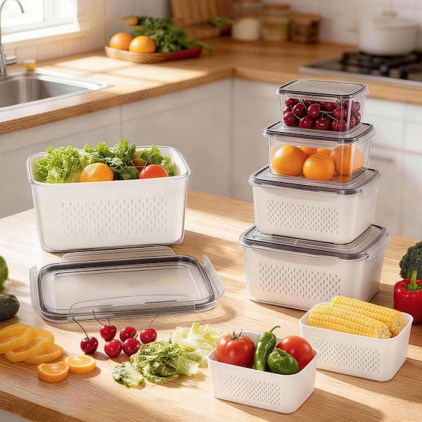 5 Pack Leakproof Fruit Storage Containers Set Removable Colanders Airtight Organizers for Fridge Vegetables
