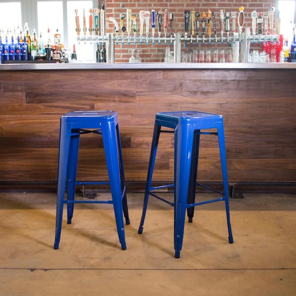 30 in. Blue Metal, Backless, Stackable Bar Stool (Set of 4)