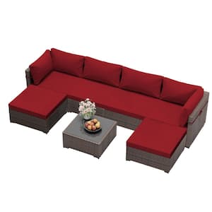 7-Piece Outdoor Wicker Patio Conversation Sofa Set with Ottomans for Patio in Red