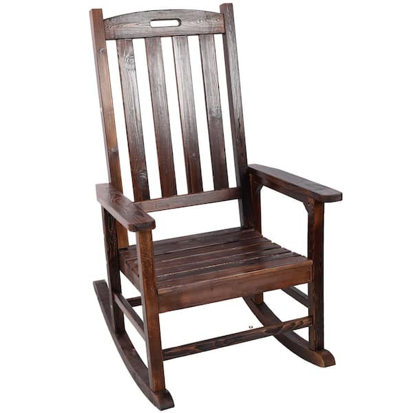 Brown Wood Outdoor Rocking Chair With Wide Seat and Tall Backrest