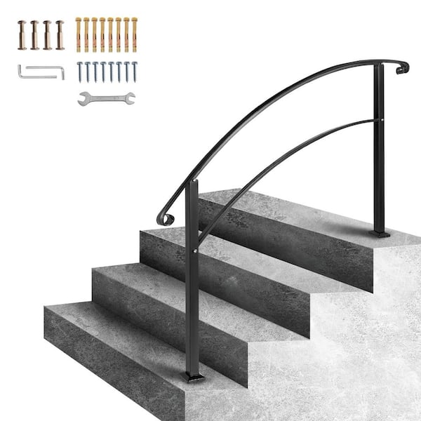 4-Step Handrail 41.7 in. x 48 in. Matte Black Wrought Iron Stair Rail Outdoor Steps, Fits 1-4 Steps, Stair Railing Kit