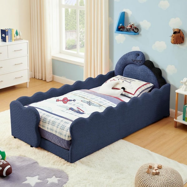 Aldmere Navy Blue Boucle Fabric Upholstered Cute Dinosaur-Shaped Wood Frame Kids Bed Twin Platform Bed with Guardraild