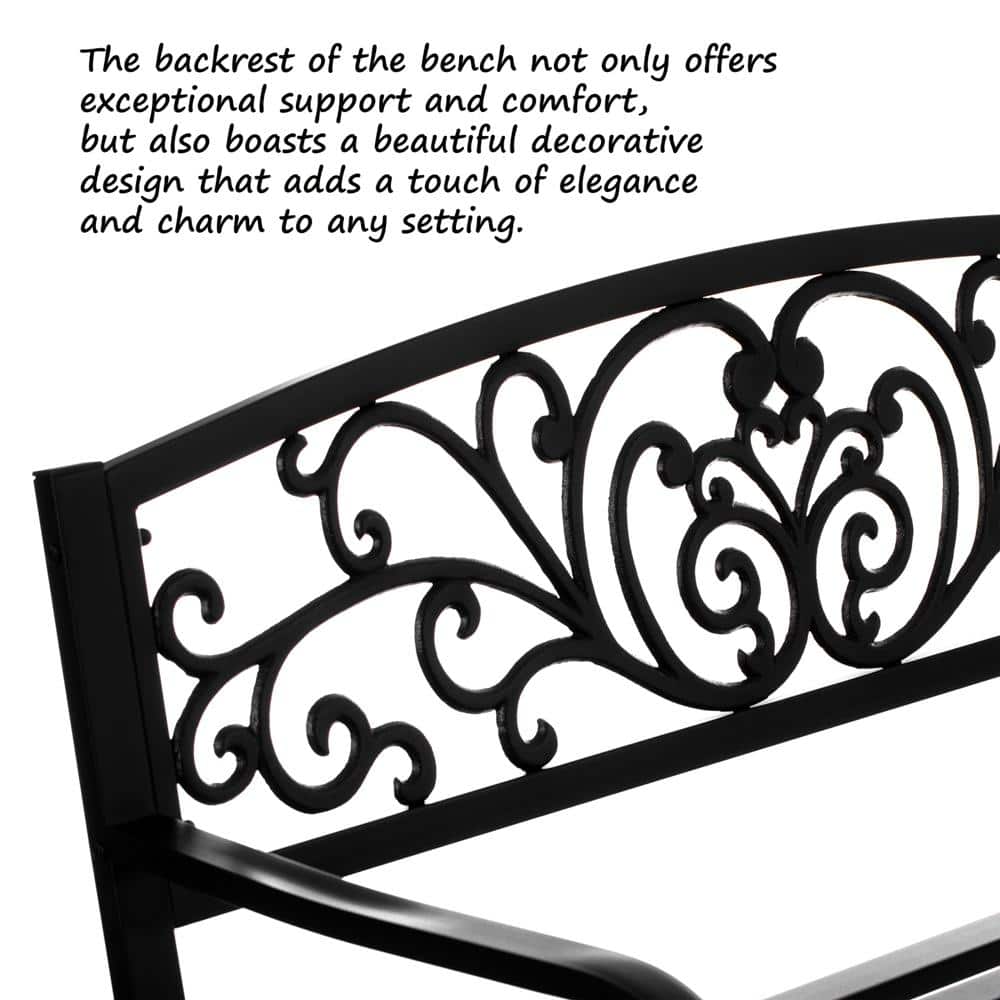 Black Powder Coated Steel Outdoor Bench with Cast Iron Backrest