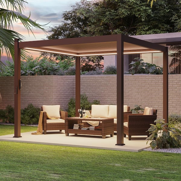 Sereno Series 10 ft. x 10 ft. All-Aluminum Pergola with Solar-Powered LED Lights, Removable Control Panel, Brown
