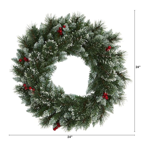 24 in. Pre-Lit Frosted Swiss Pine Artificial Wreath with 35 Clear LED Lights and Berries