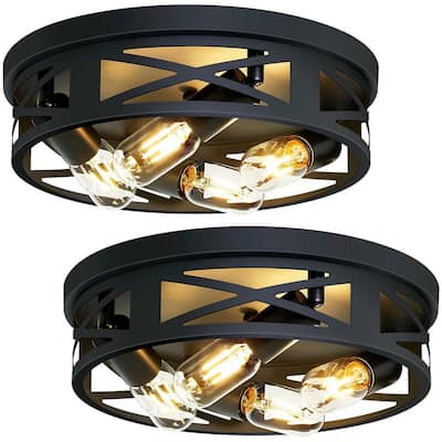 Matte Black Flush Mount Ceiling Light with Integrated LED, 4-Light 13.77 in. 2-Pack, Open Metal Cage Design, E26 Base