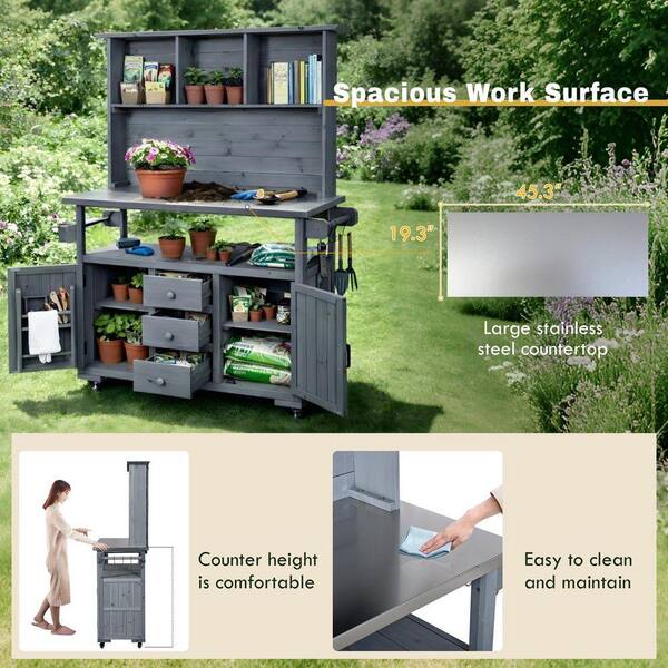 Gray Wood 65 in. H 3-in-1 Garden Potting Bench Kitchen Island with