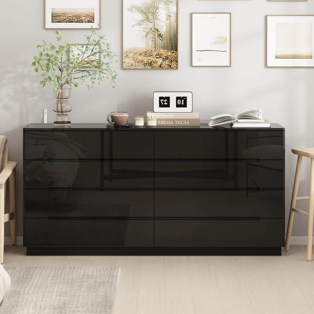 Black High Gloss 63" Double Dresser with LED Lights