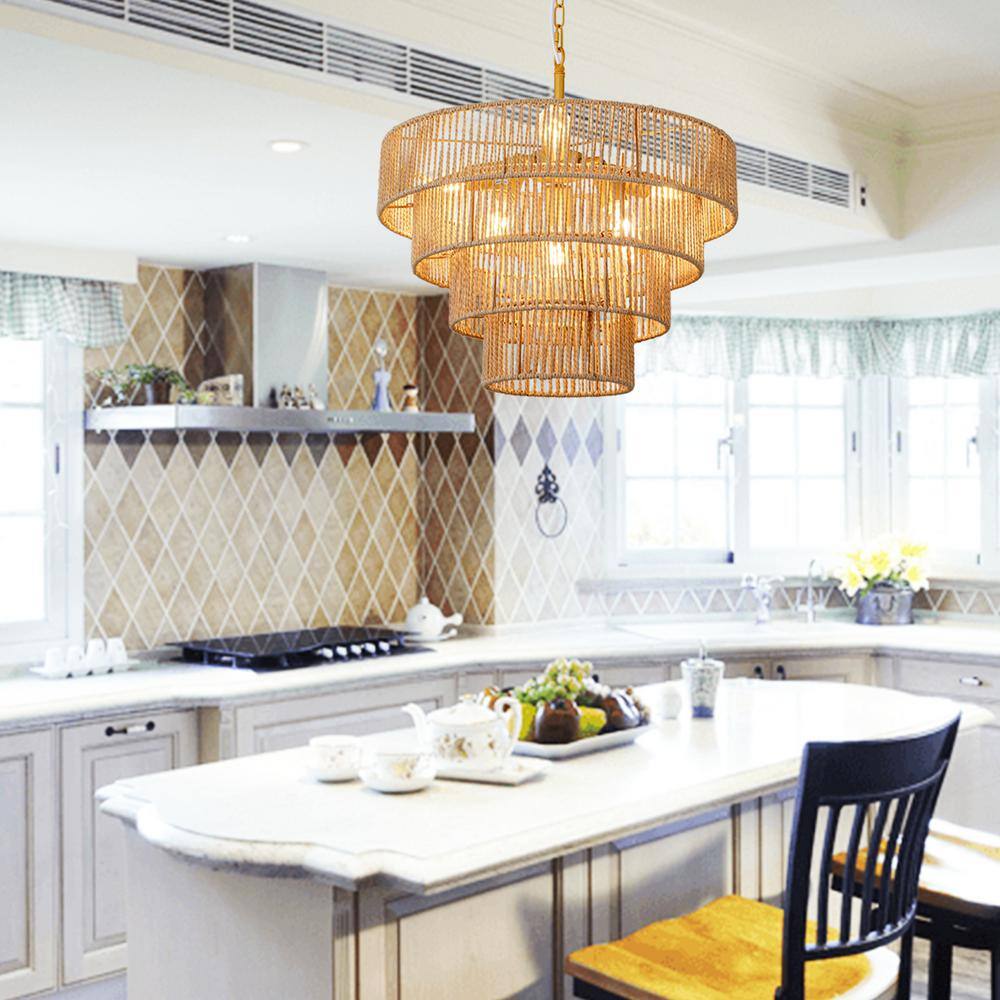 Brass and Rattan Tiered Geometric Pendant Light
