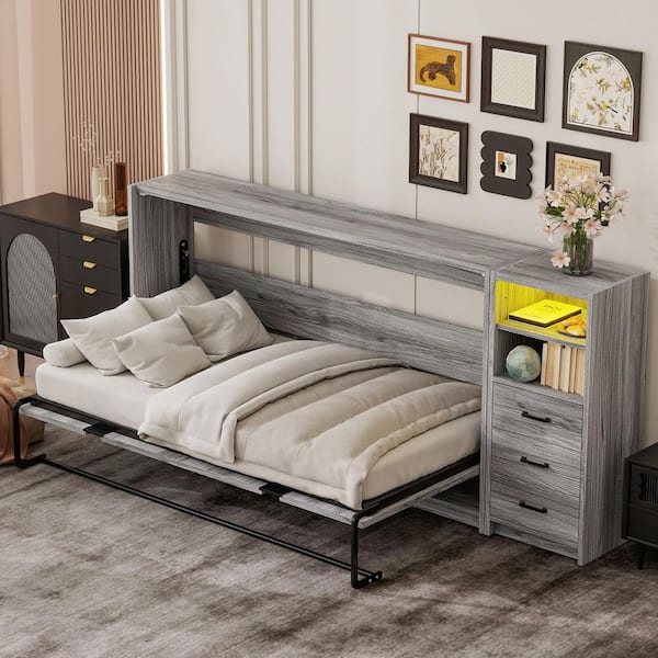Gray Wood Frame Twin Size Folded Murphy Bed with LED Light and Drawers