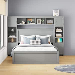 Gray Wood Frame Queen Size Platform Bed with All-in-One Cabinet, Multiple Shelves, Cabinets, Twin Trundle, USB, Drawers