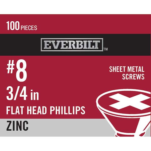 Everbilt #8 x 3/4 in. Zinc Plated Phillips Flat Head Sheet Metal Screw (100-Pack)