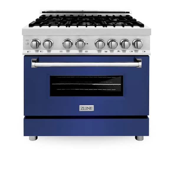 ZLINE Kitchen and Bath 36 in. 6 Burner Dual Fuel Range with Blue Matte Door in Stainless Steel