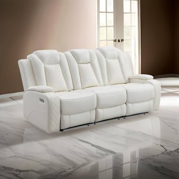 Benjara 84.63 in. Flared Arm Fabric Rectangle Power Recliner Sofa in White
