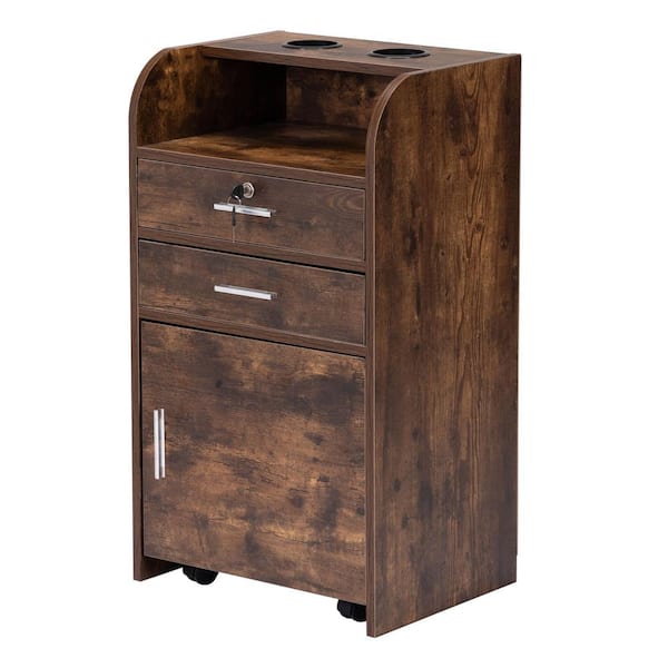 Angel Sar Rustic Brown 31.5 in. Salon Styling Station Storage Cabinet with Drawers, Cabinet and Hair Dryer Holders