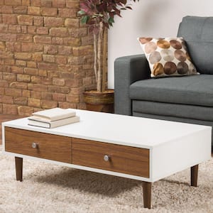 Adal 38 in. Walnut/White Medium Rectangle Wood Coffee Table with Drawers