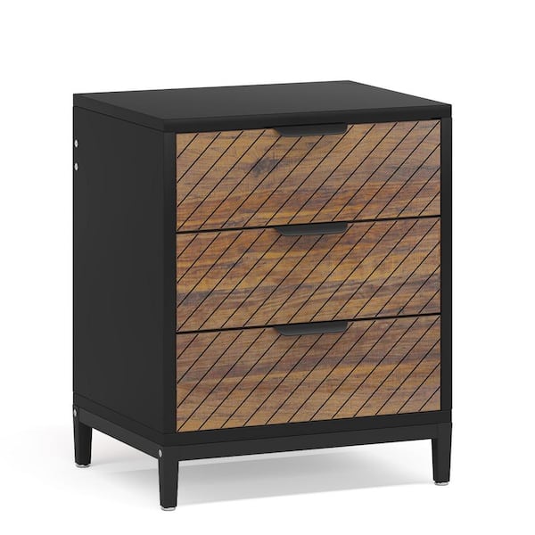 BYBLIGHT Fenley Black&Brown 3 Drawers 19.7 in. Wood Grain Nightstands Bedside Table, Sofa End Table Night Stand with Storage