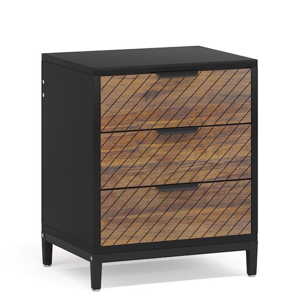 BYBLIGHT Fenley Black and Brown 3 Drawers 19.7 in. Wood Grain Nightstands Bedside Table, Sofa End Table Nightstand with Storage