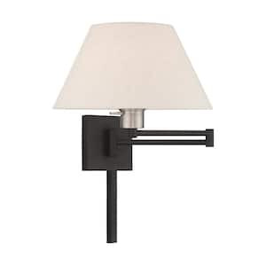 Atwood 1-Light Black Plug-In/Hardwired Swing Arm Wall Lamp with Oatmeal Fabric Shade