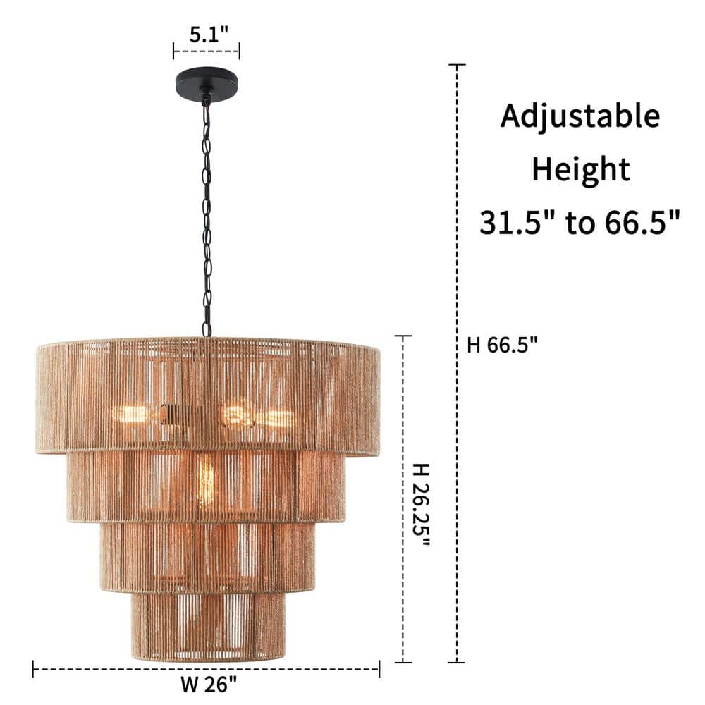 Beige Oversize 4-Tiered Rattan Pendant Light with Glass Shades
