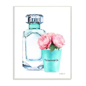 10 in. x 15 in. "Teal Blue Perfume Bottle and Pink Peonies" by Artist Amanda Greenwood Wood Wall Art