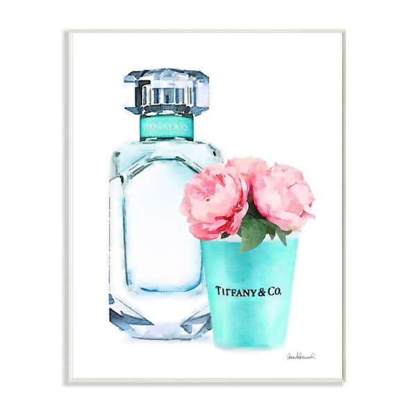 Stupell Industries 12.5 in. x 18.5 in. "Teal Blue Perfume Bottle and Pink Peonies" by Artist Amanda Greenwood Wood Wall Art