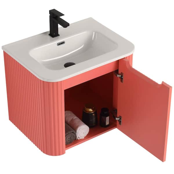 Caskvalley 24 in. Floating Bath Vanity in Coral Pink with White Ceramic Sink Top Assembled